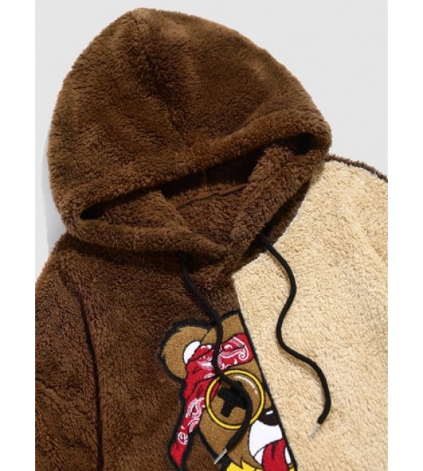 Two Tone Colorblock Faux Fur Fuzzy Cartoon Bear Terry Embroidered Pullover Hoodie