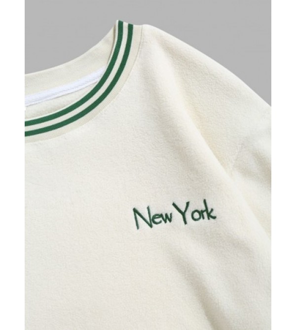 Striped Trim Polar Fleece Fluffy New York Embroidered Sweatshirt