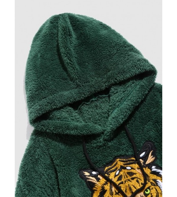 Tiger Embroidered Pocket Fluffy Hoodie