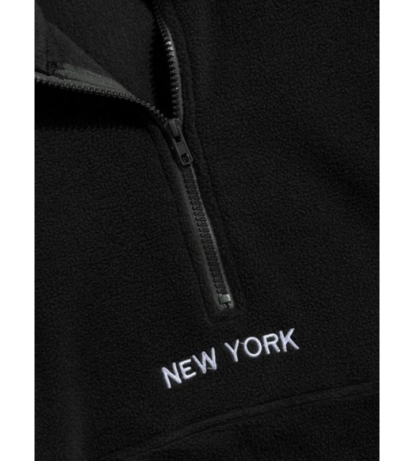 Fluffy Polar Fleece NEW YORK Embroidery Colorblock Half Zip Sweatshirt