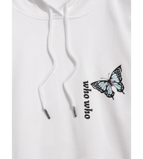 Letters Butterfly Print Kangaroo Pocket Hoodie