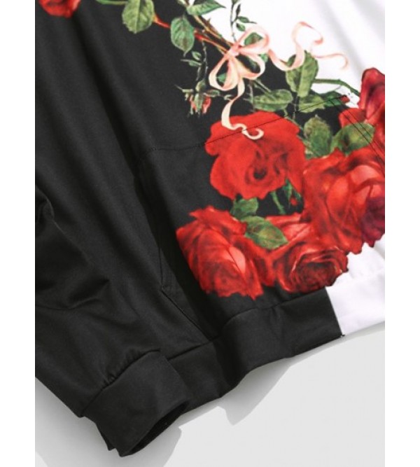 Color Block Two Tone Rose Flowers Print Streetwear Drawstring Hoodie