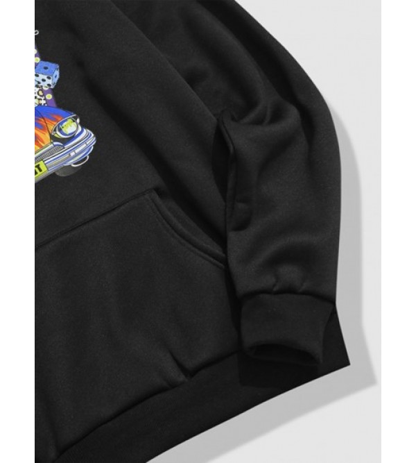 Streetwear Music Car Graphic Fleece-lined Colorblock Hoodie