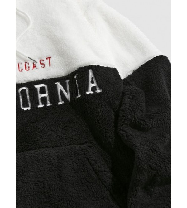 Letters Embroidered Two Tone Fluffy Hoodie