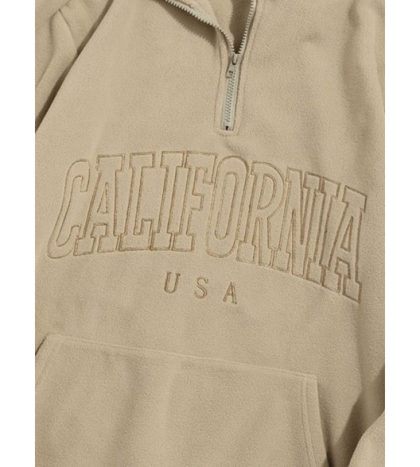 Fluffy CALIFORNIA Embroider Quarter Zip Polar Fleece  Hoodie