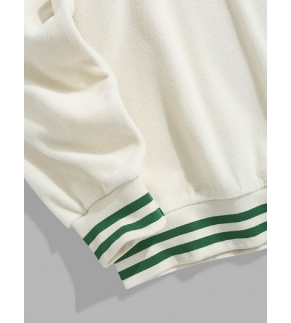 Striped Trim Polar Fleece Fluffy New York Embroidered Sweatshirt