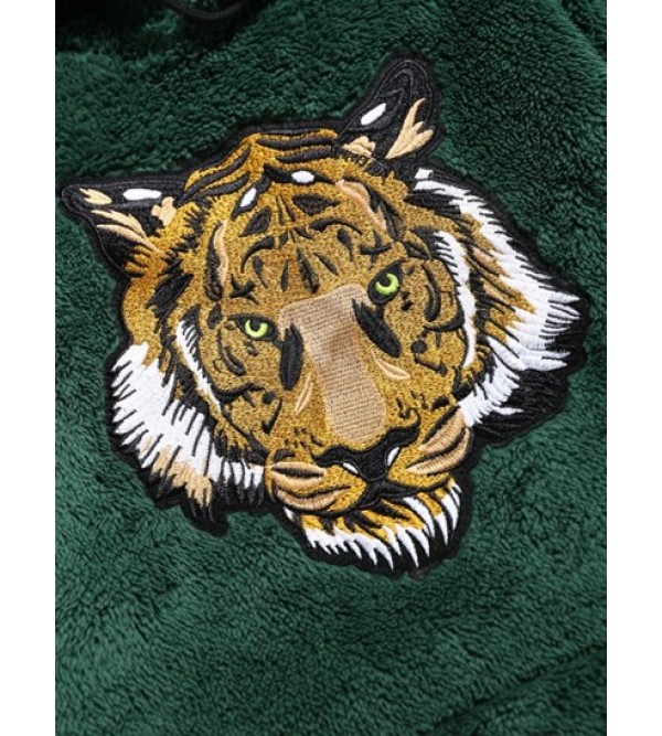 Tiger Embroidered Pocket Fluffy Hoodie