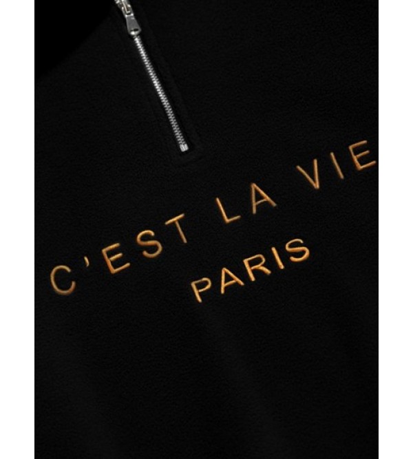 Fuzzy C' EST LA VIE Letter Embroidered Quarter Zip Polar Fleece Sweatshirt